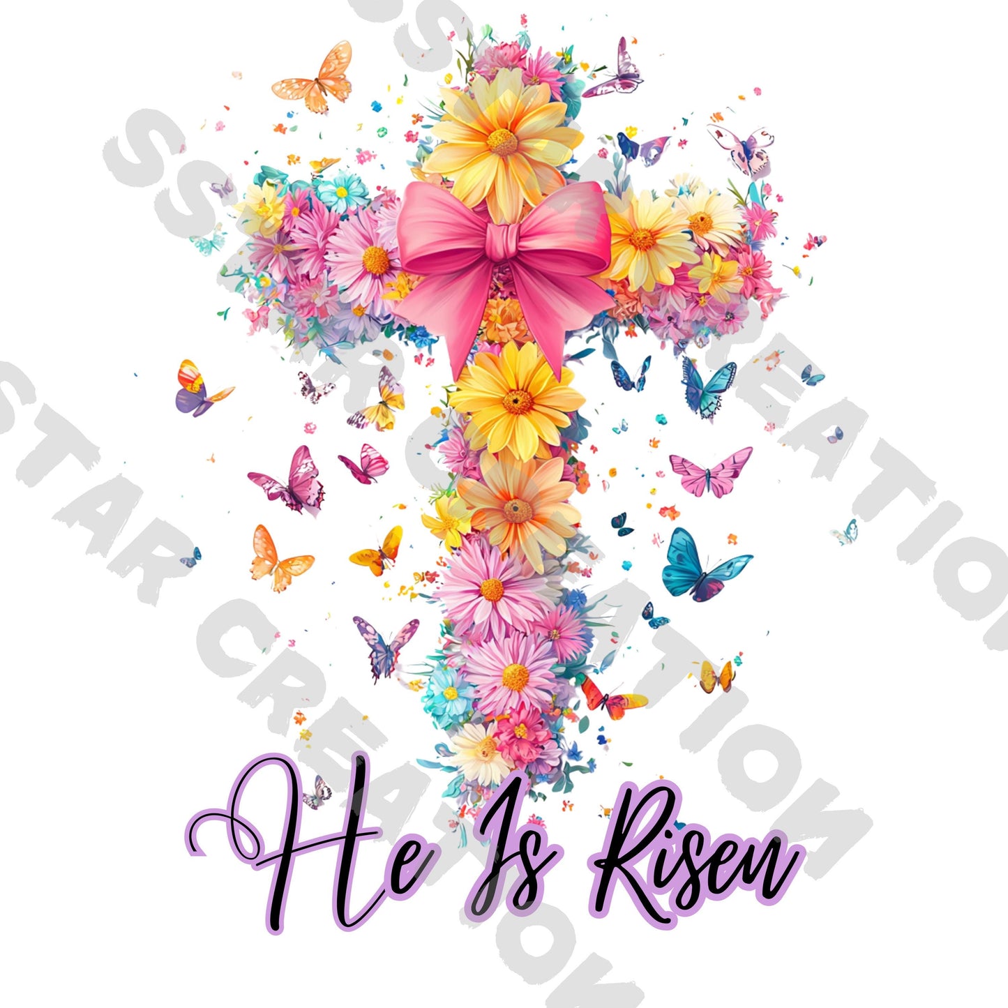 Easter flower cross PNG, He Is Risen PNG, Cross coquette bow
