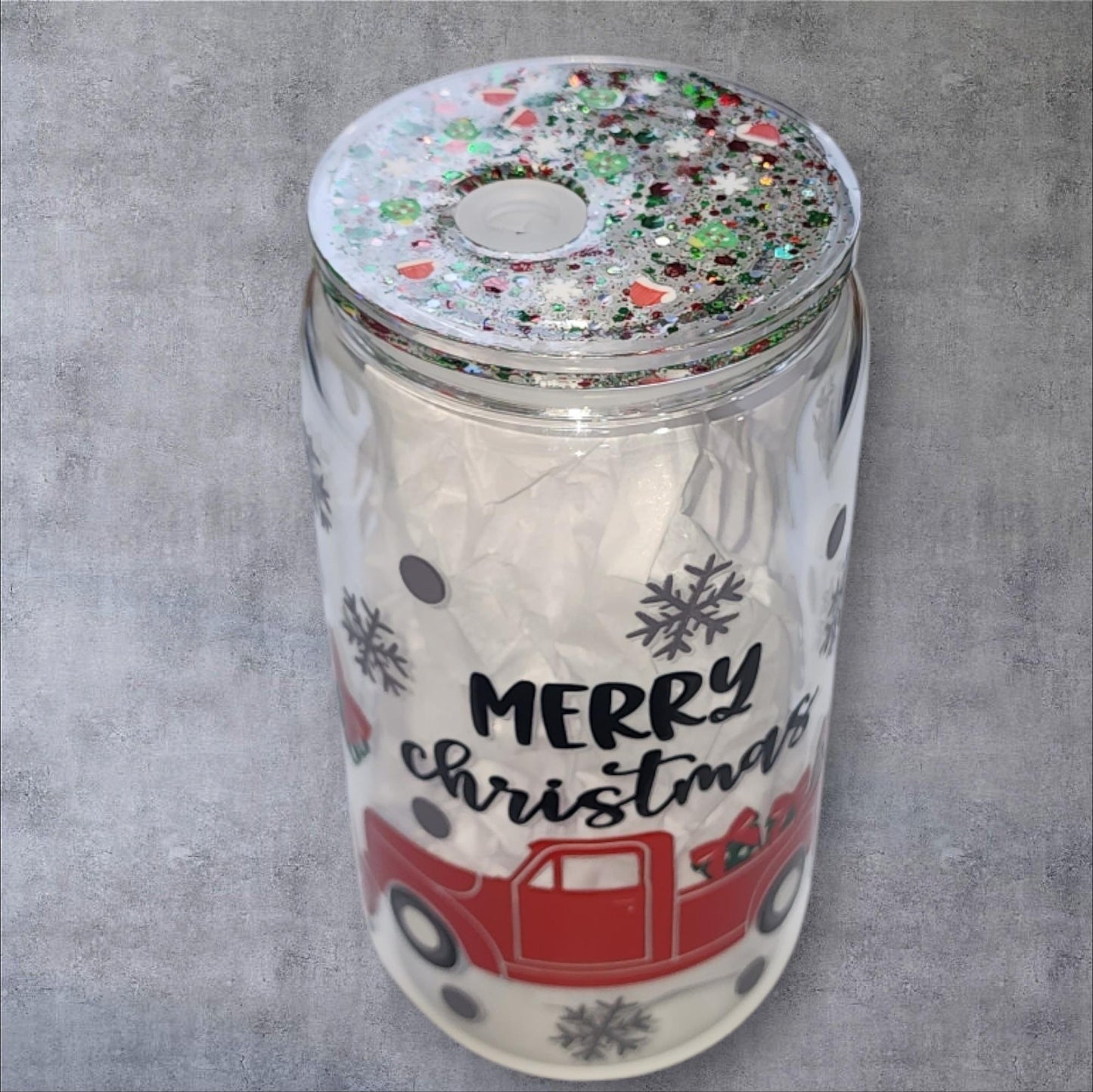 Merry Christmas Red Truck 16oz Libbey Cup With Decorated Lid