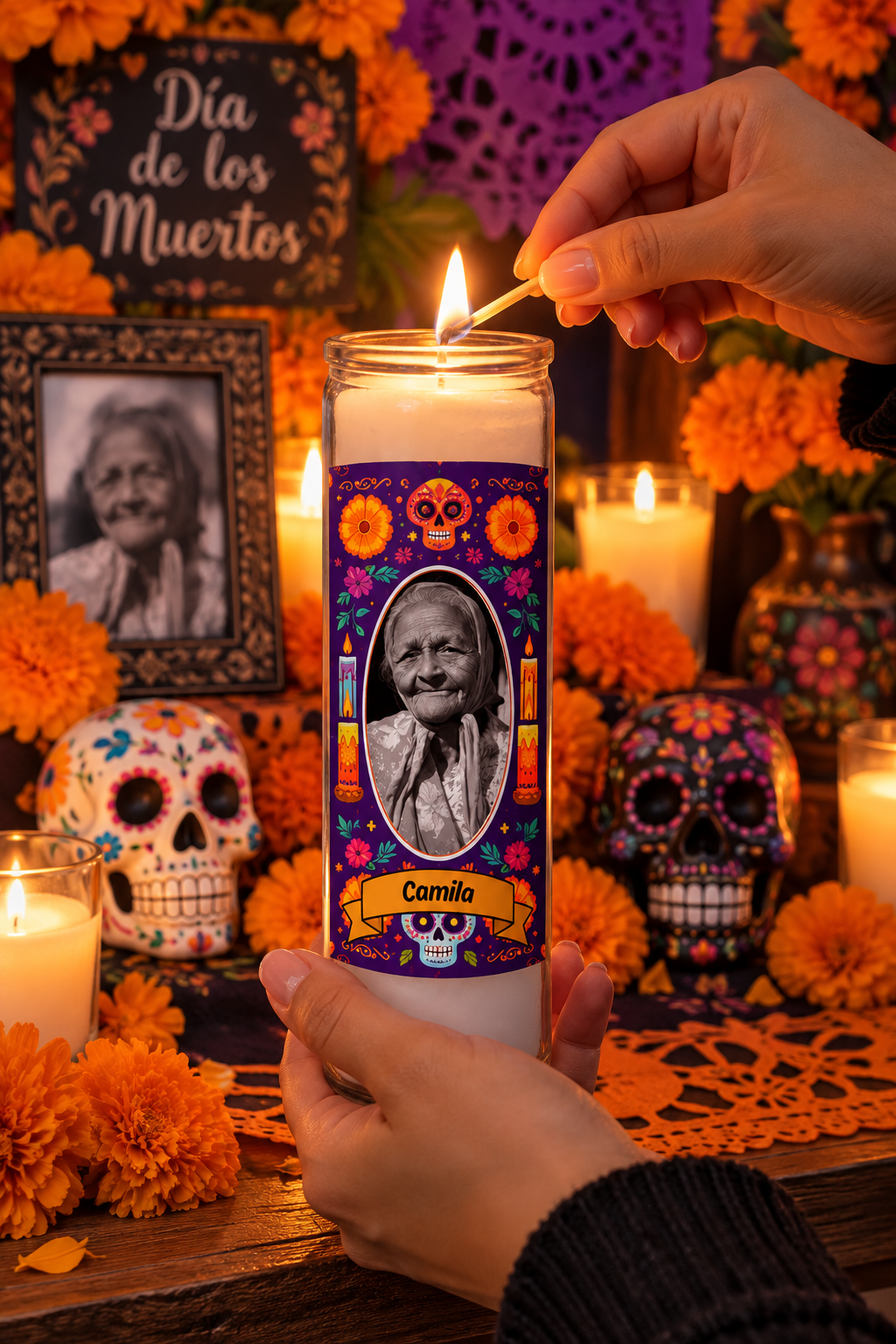 Personalized Día de los Muertos Memorial Candle | Custom Photo Veladora for Ofrenda & Day of the Dead Altar