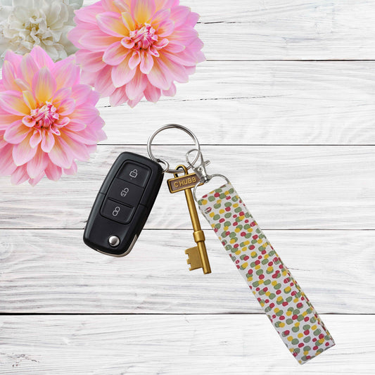 Fabric wristlet keychain with sturdy key ring. Perfect key holder strap for car keys, house keys, and everyday use