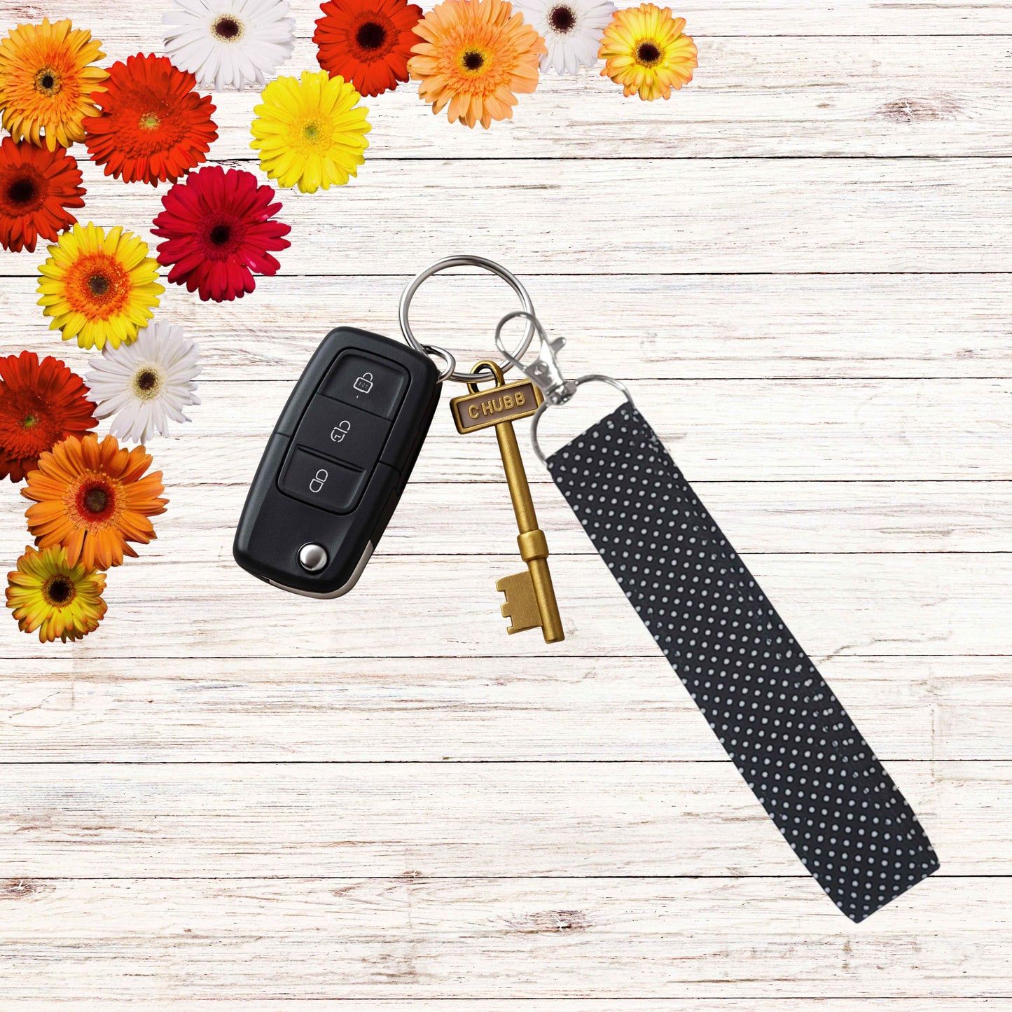 Fabric wristlet keychain with sturdy key ring. Perfect key holder strap for car keys, house keys, and everyday use