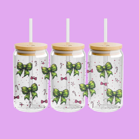 Grinch Inspired Tumbler, Green and Pink Bows, 16oz Acrylic or Glass