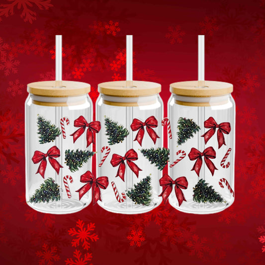 Christmas Tree Glass Cup with Lid and Straw, Holiday Drinkware