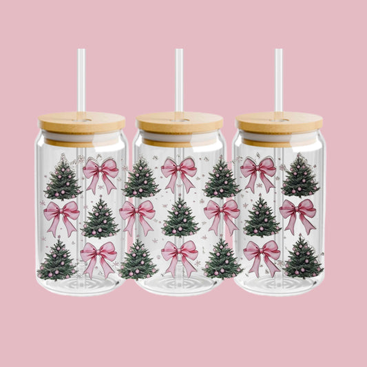 Christmas Glass Can Cup, Pink Bow & Tree, Holiday Drinkware