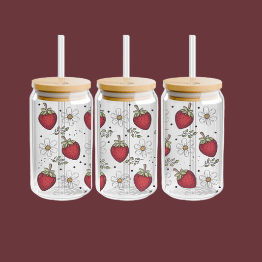 Strawberries and White Flowers 16oz Libbey Cup