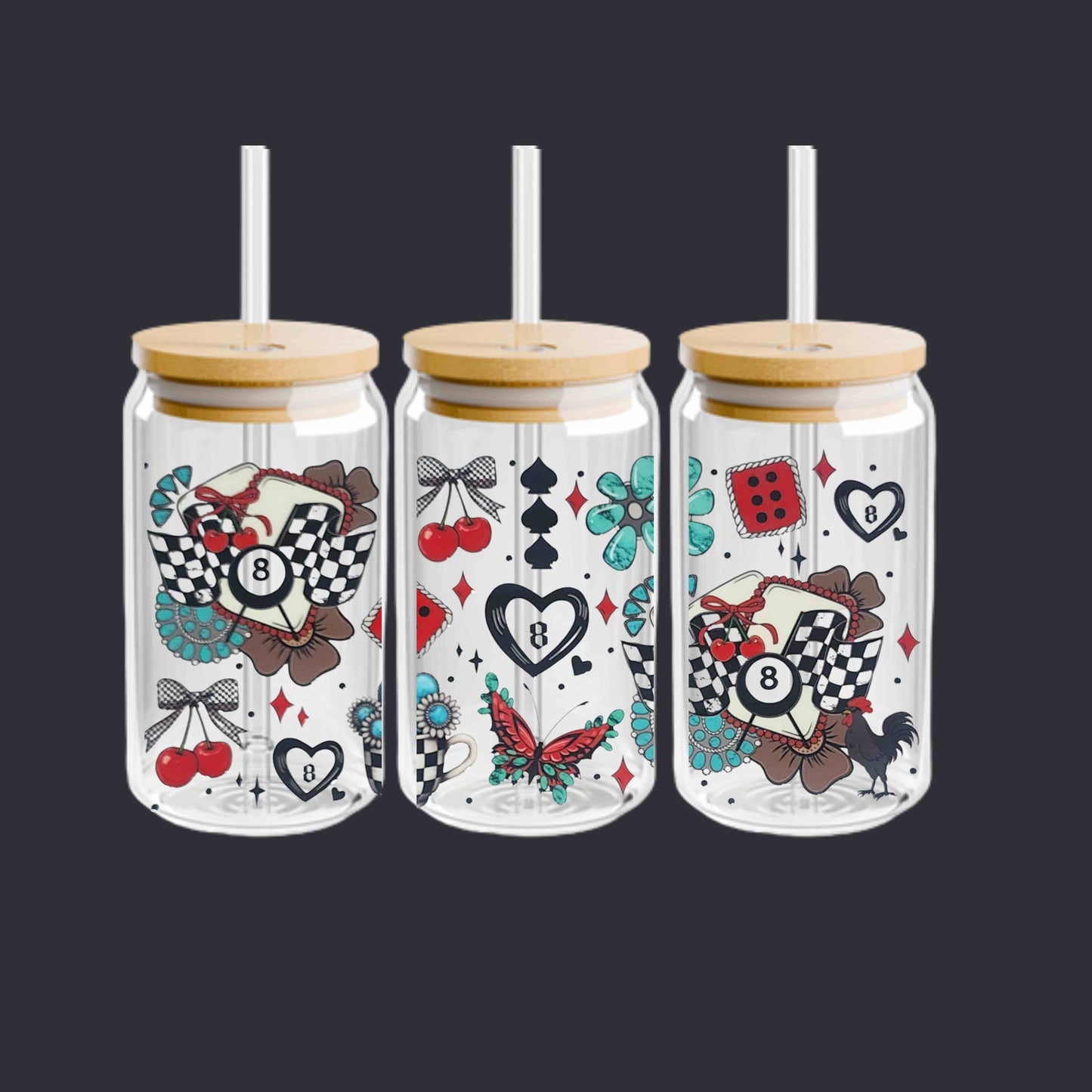 Red & Black Race Day Heart Eight ball 16oz Libbey Cup