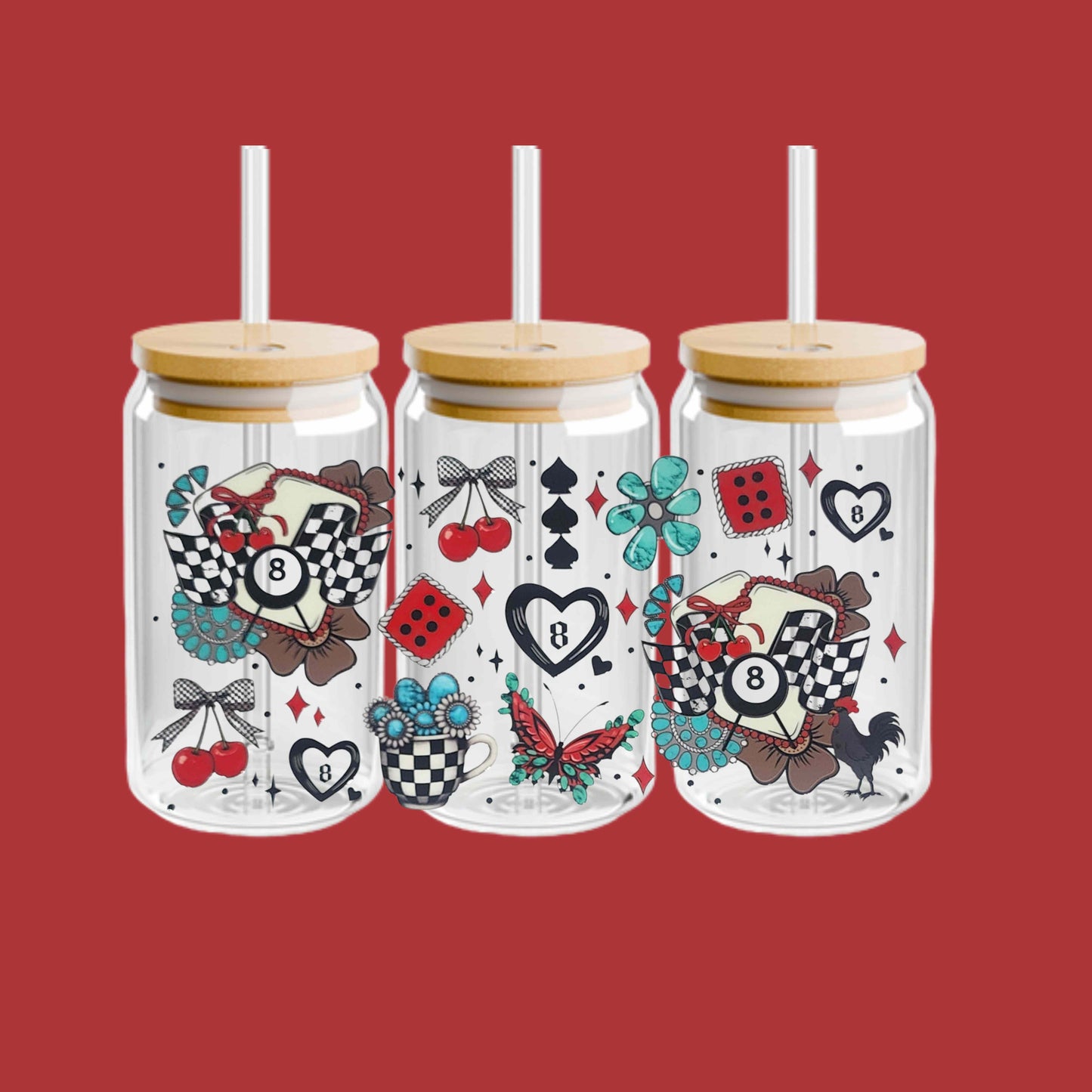 Red & Black Race Day Heart Eight ball 16oz Libbey Cup