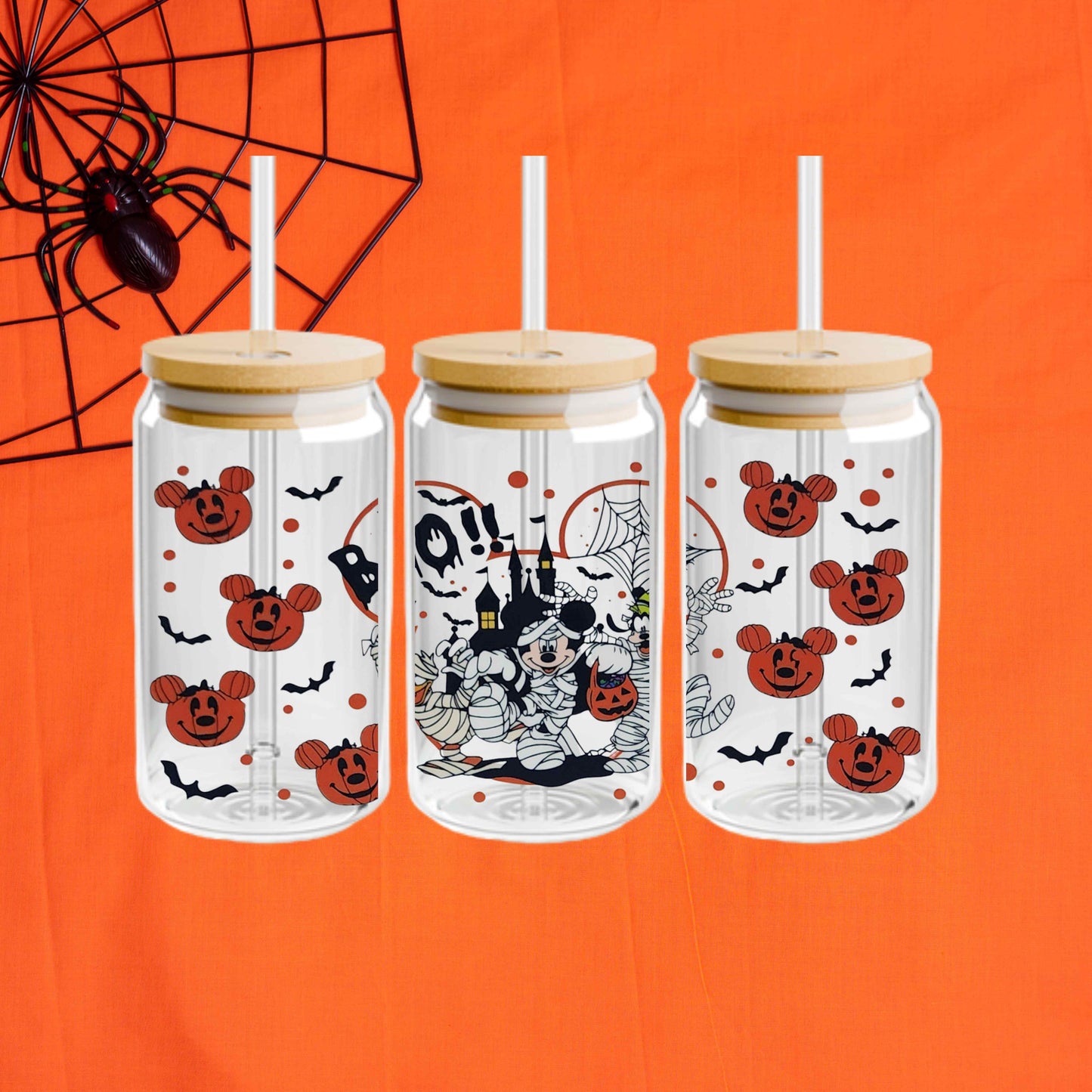 Mickey Halloween 16oz Acrylic or Glass Coffee Tumbler with Lid & Straw, Fall UVDTF Cup