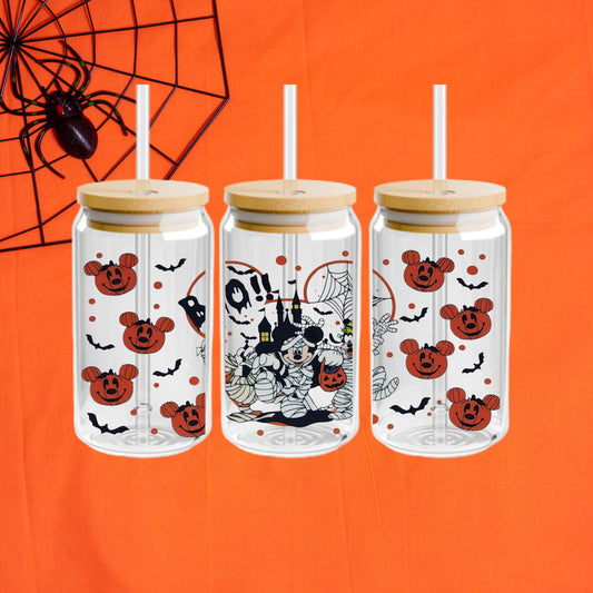 Mickey Halloween 16oz Acrylic or Glass Coffee Tumbler with Lid & Straw, Fall UVDTF Cup
