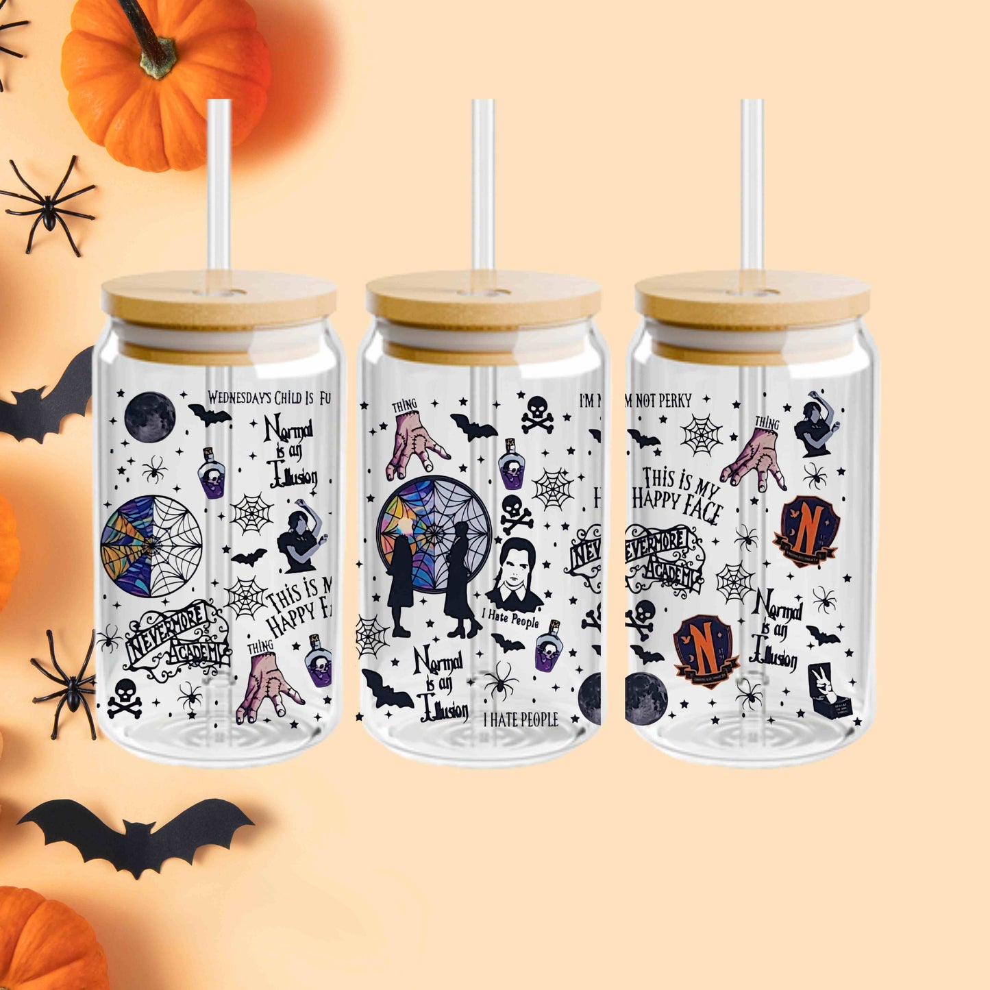 Wednesday Halloween 16oz Acrylic or Glass Coffee Tumbler with Lid & Straw, Adams Family  Fall UVDTF Cup