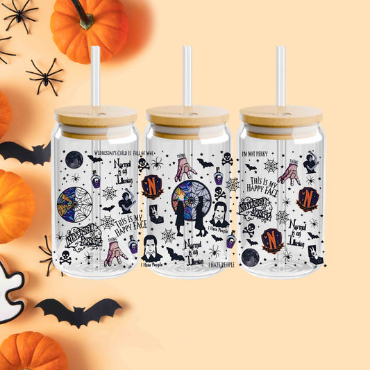 Wednesday Halloween 16oz Acrylic or Glass Coffee Tumbler with Lid & Straw, Adams Family  Fall UVDTF Cup
