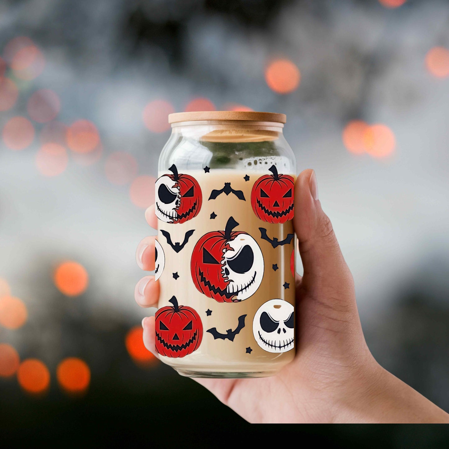 Jack Halloween 16oz Acrylic or Glass Coffee Tumbler with Lid & Straw, Fall UVDTF Cup