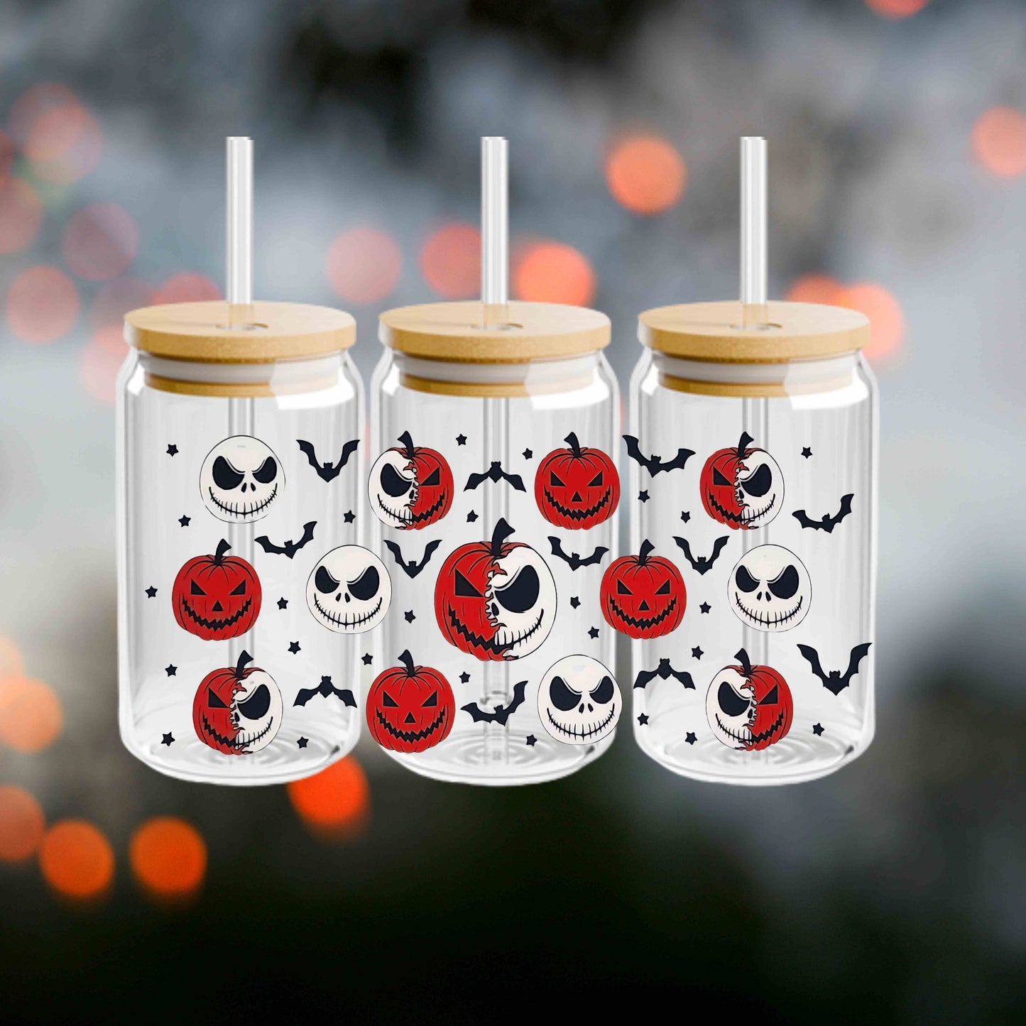 Jack Halloween 16oz Acrylic or Glass Coffee Tumbler with Lid & Straw, Fall UVDTF Cup