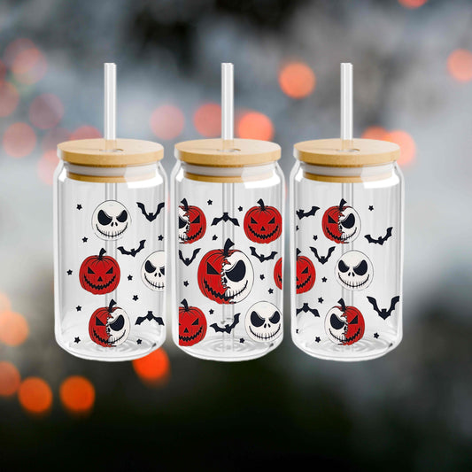 Jack Halloween 16oz Acrylic or Glass Coffee Tumbler with Lid & Straw, Fall UVDTF Cup
