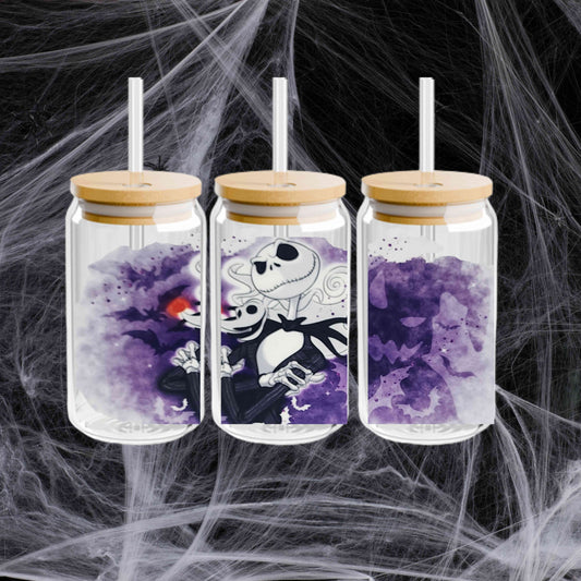 Jack Nightmare Before Christmas Halloween 16oz Acrylic or Glass Coffee Tumbler with Lid & Straw, UVDTF Cup
