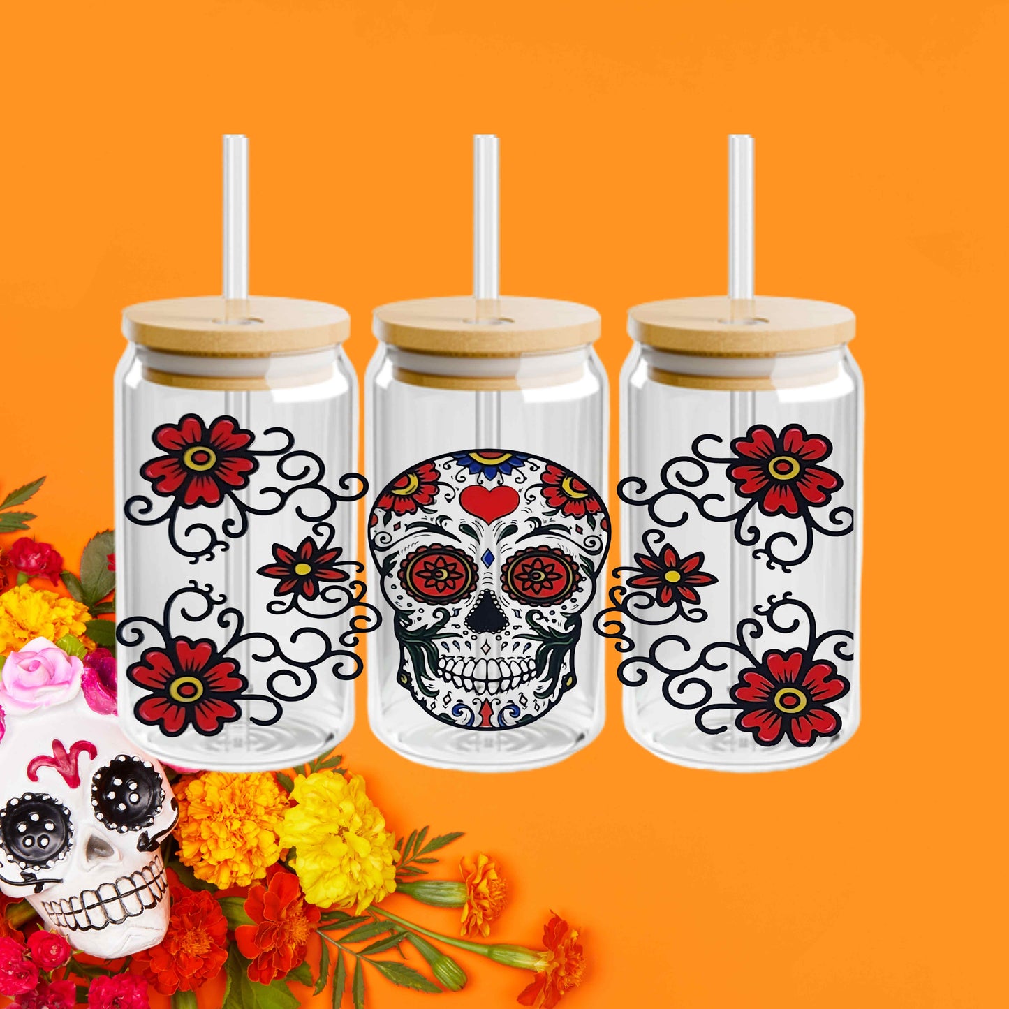Day of the Dead Cup,  Día de los Muertos Skull Tumbler 16oz Acrylic or Glass Coffee Tumbler with Lid & Straw, UVDTF Cup