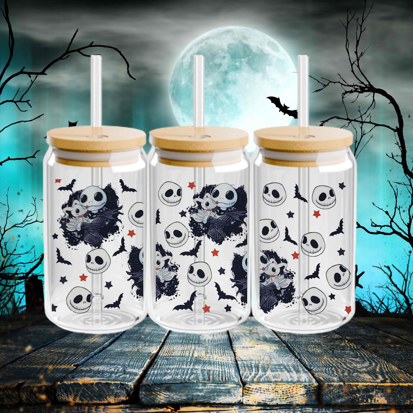 Jack Nightmare Before Christmas Halloween 16oz Acrylic or Glass Coffee Tumbler with Lid & Straw, UVDTF Cup