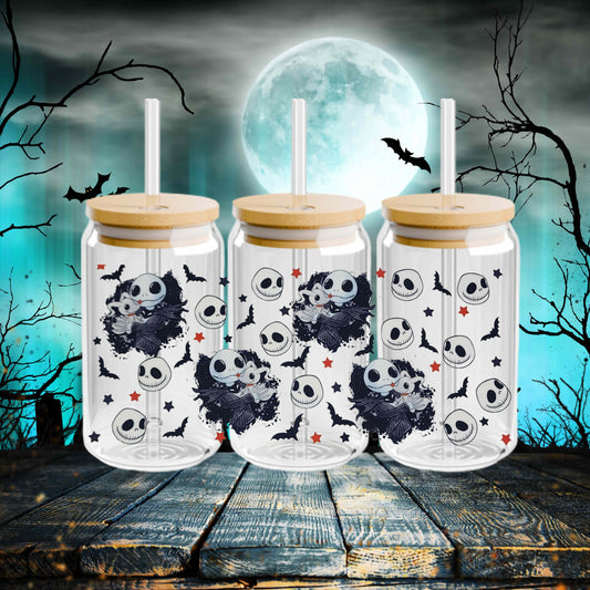 Jack Nightmare Before Christmas Halloween 16oz Acrylic or Glass Coffee Tumbler with Lid & Straw, UVDTF Cup