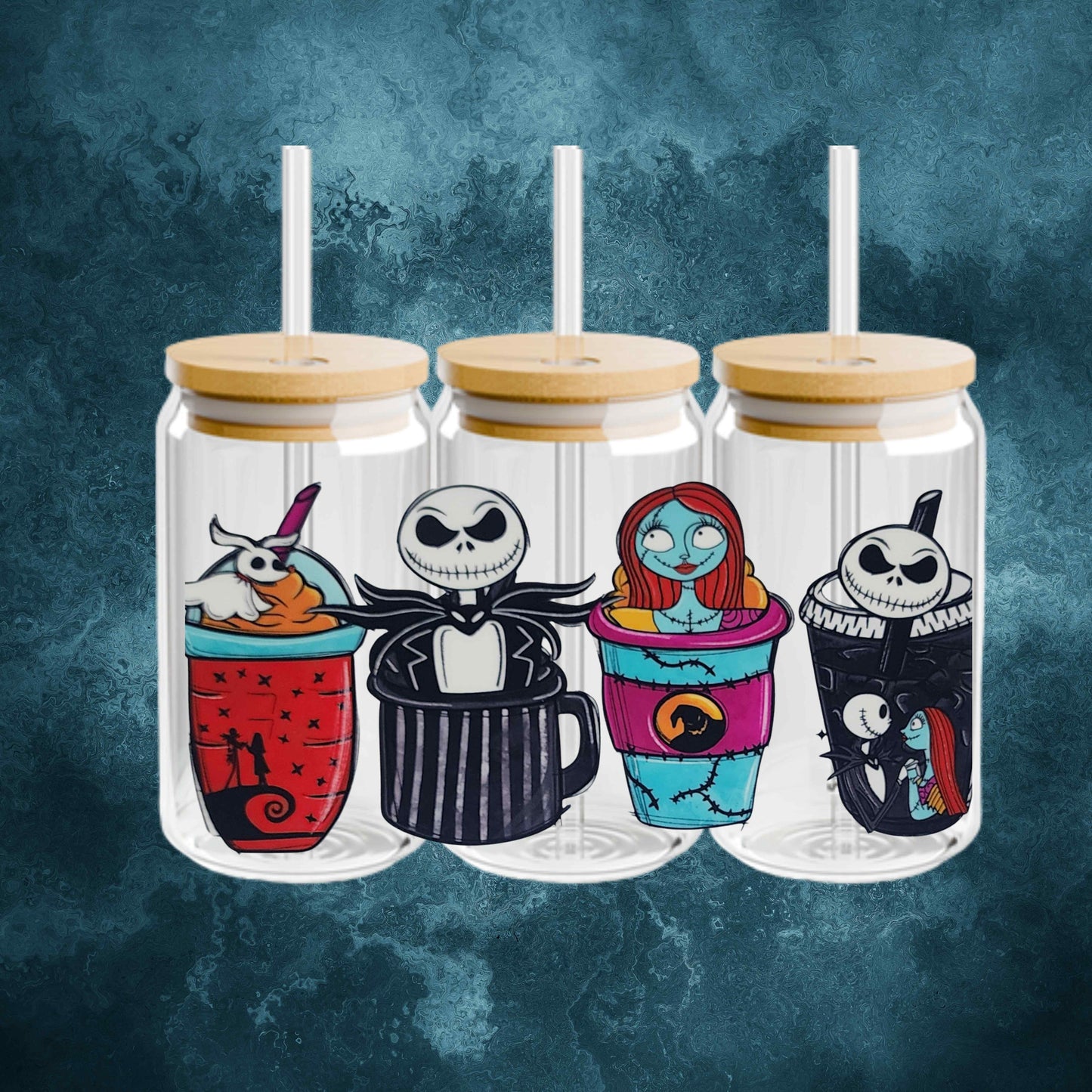 Jack & Sally Nightmare Before Christmas Halloween 16oz Acrylic or Glass Coffee Tumbler with Lid & Straw, UVDTF Cup