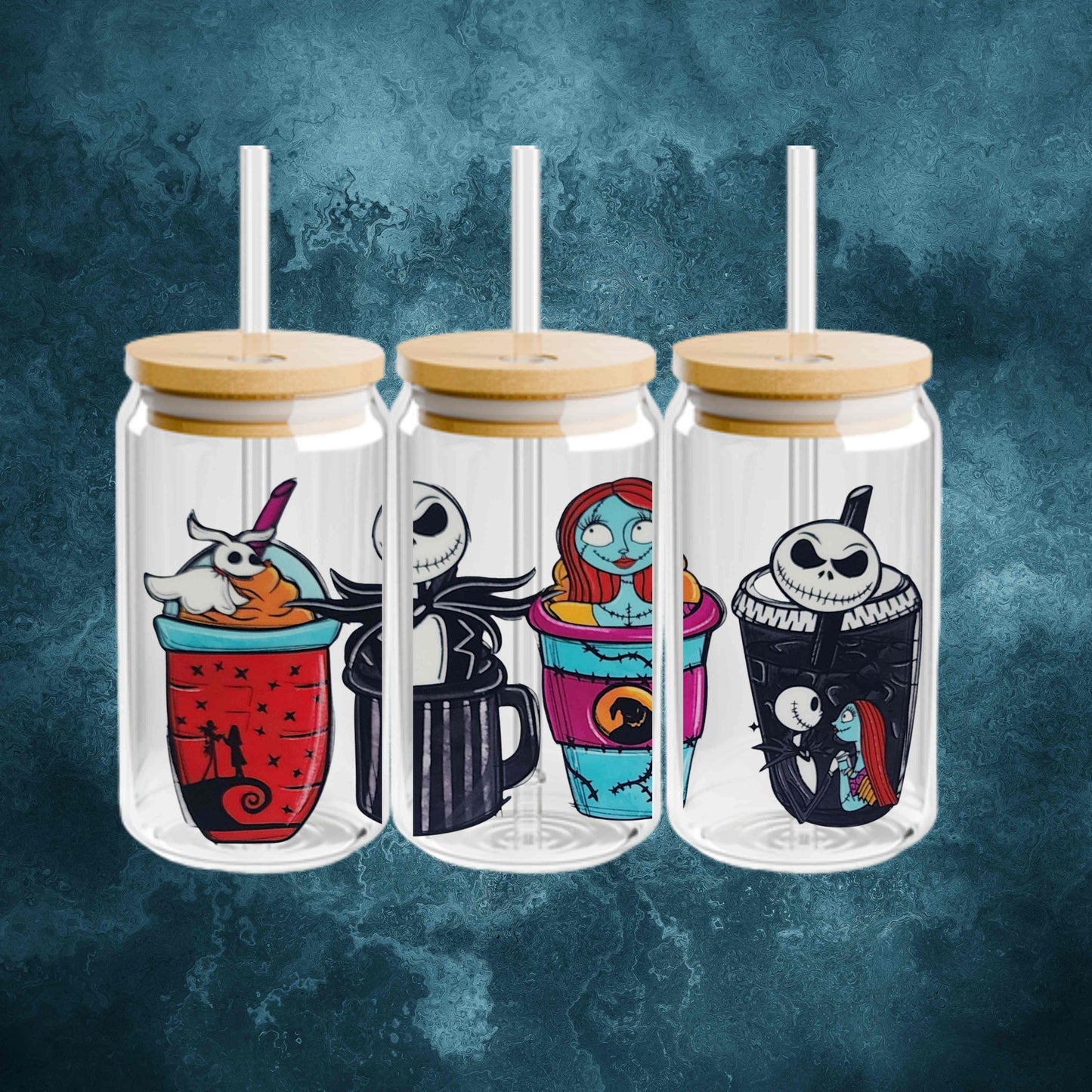 Jack & Sally Nightmare Before Christmas Halloween 16oz Acrylic or Glass Coffee Tumbler with Lid & Straw, UVDTF Cup
