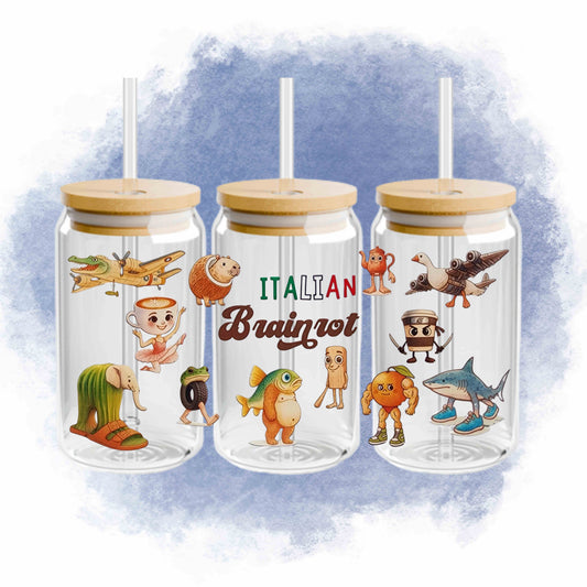 Italian Brainrot 16oz Acrylic or Glass Coffee Tumbler with Lid & Straw, UVDTF Cup