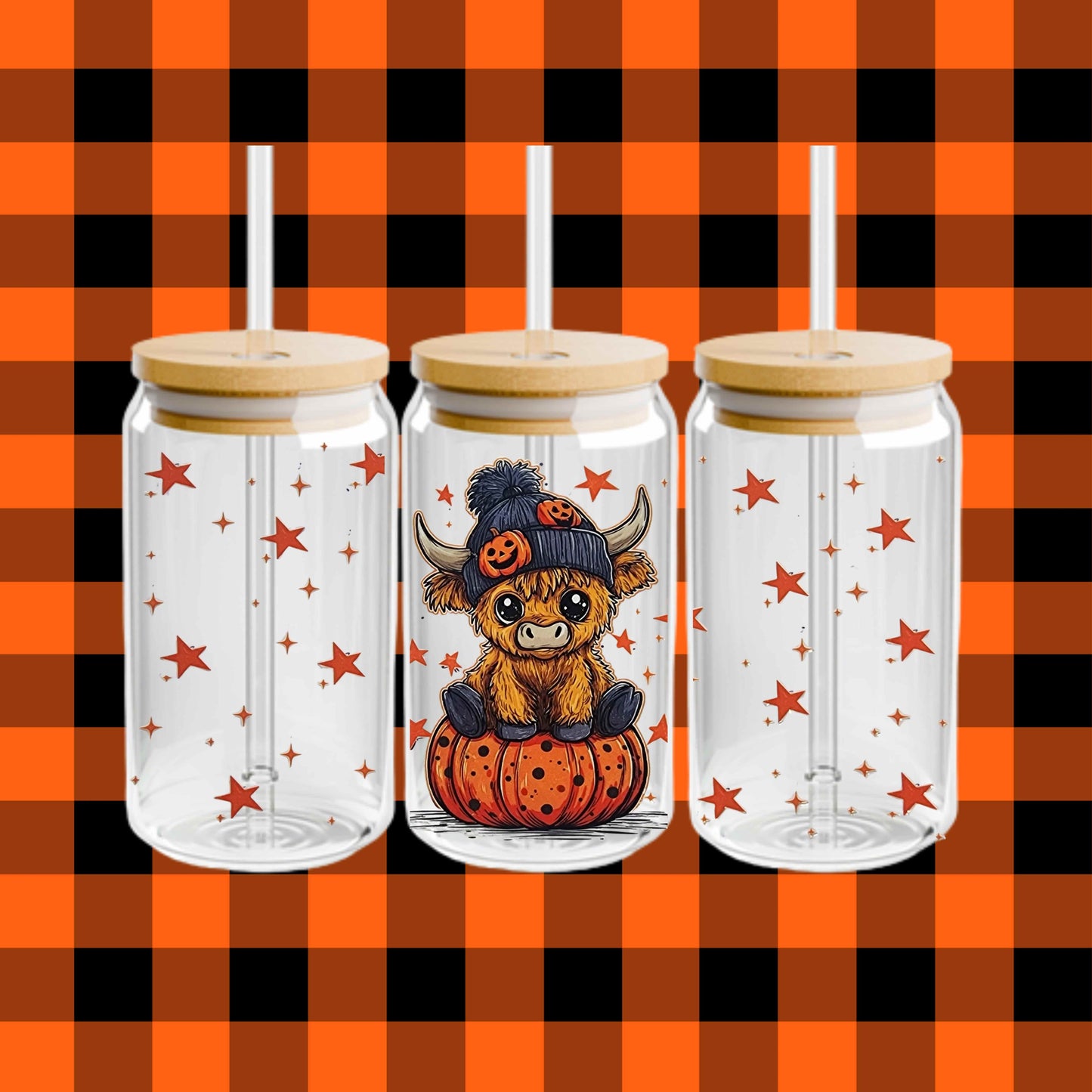 Cute Halloween Cow 16oz Acrylic or Glass Coffee Tumbler with Lid & Straw, Fall UVDTF Cup