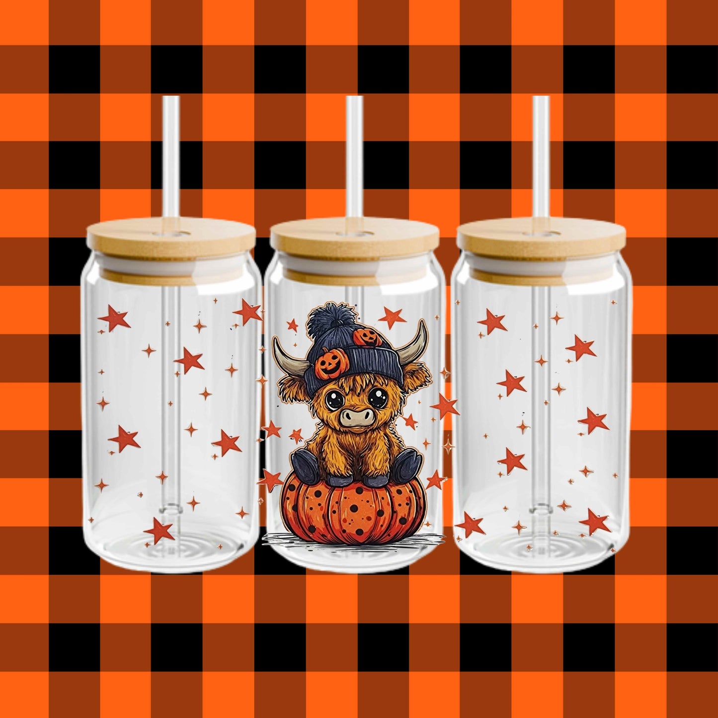 Cute Halloween Cow 16oz Acrylic or Glass Coffee Tumbler with Lid & Straw, Fall UVDTF Cup