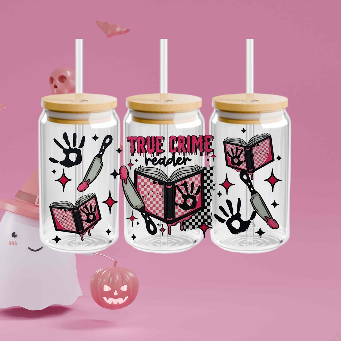 True Crime Book Lovers 16oz Acrylic or Glass Coffee Tumbler with Lid & Straw, UVDTF Cup