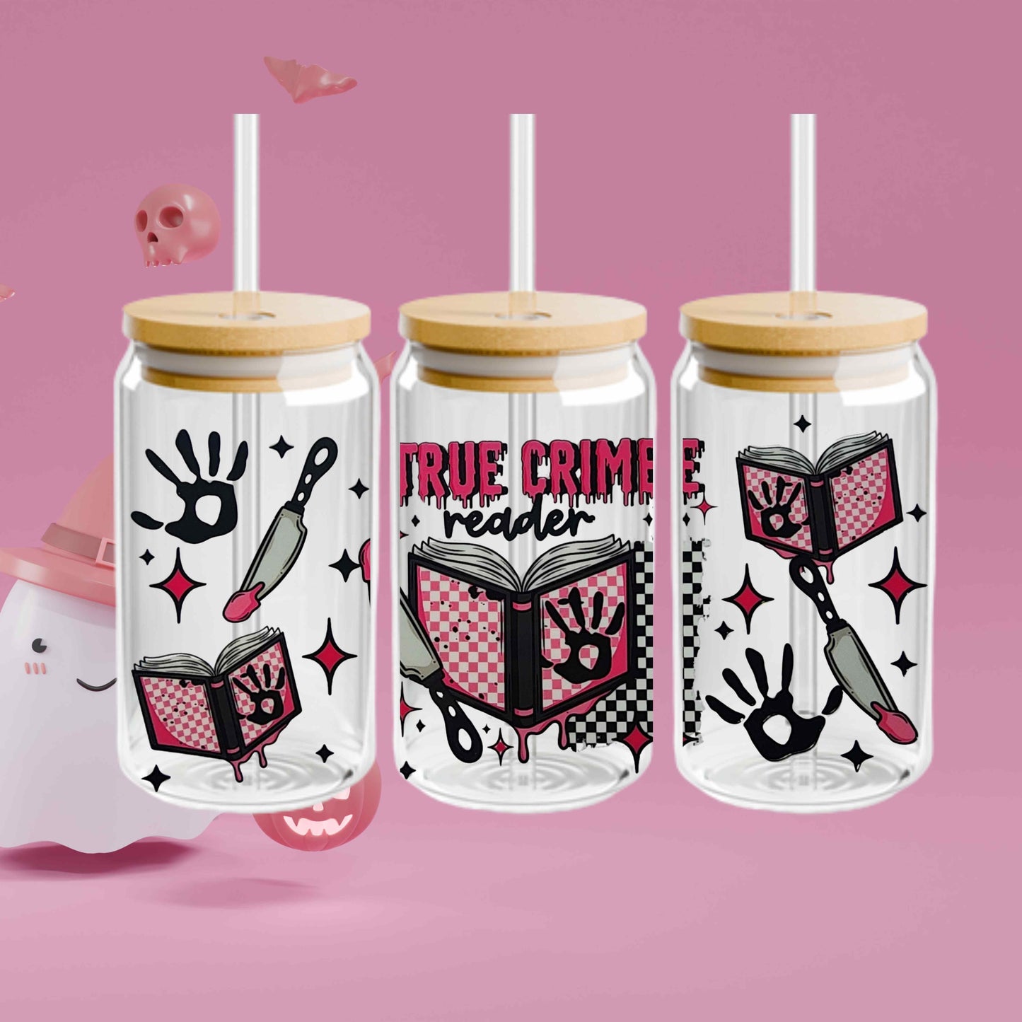 True Crime Book Lovers 16oz Acrylic or Glass Coffee Tumbler with Lid & Straw, UVDTF Cup