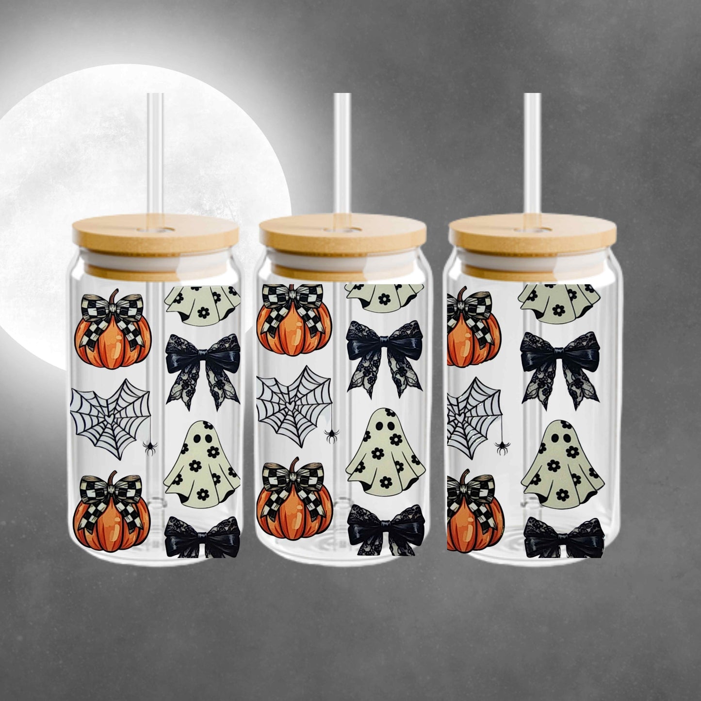 Cute Pumpkin and Ghost 16oz Acrylic or Glass Coffee Tumbler with Lid & Straw, UVDTF