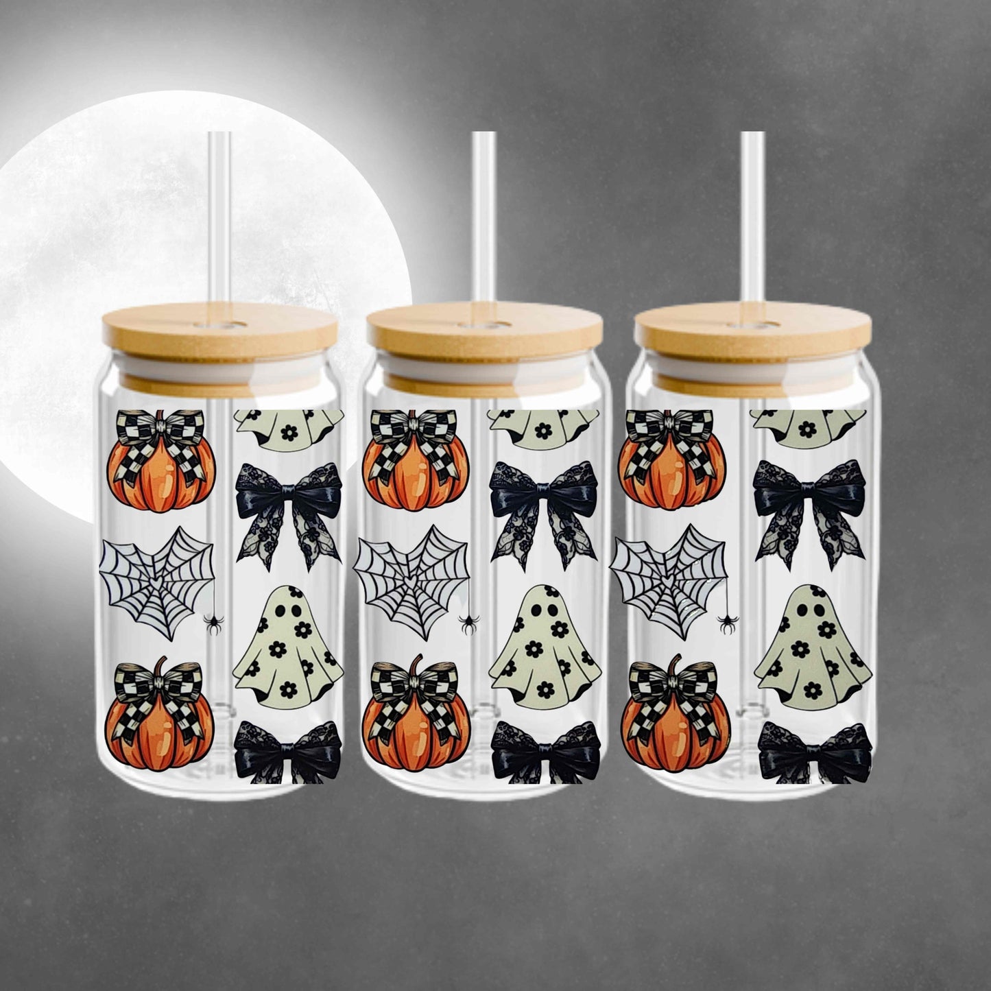Cute Pumpkin and Ghost 16oz Acrylic or Glass Coffee Tumbler with Lid & Straw, UVDTF