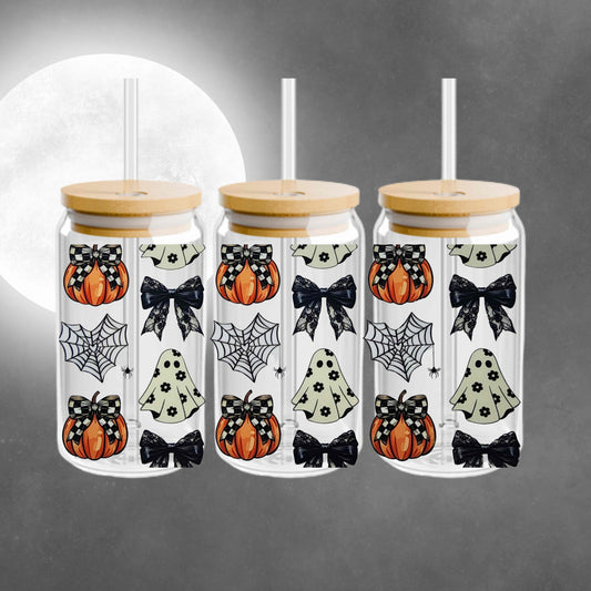 Cute Pumpkin and Ghost 16oz Acrylic or Glass Coffee Tumbler with Lid & Straw, UVDTF