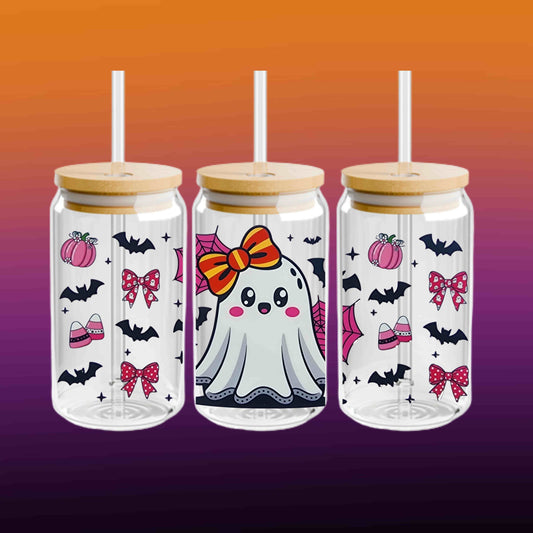 16oz Halloween Ghost Glass Tumbler – Cute Kawaii Spooky Cup with Lid and Straw – Reusable Iced Coffee Fall Drinkware Gift fall drinkware gift.