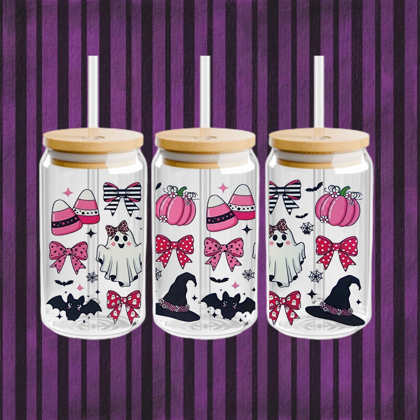 16oz Cute Ghost Glass Tumbler – Halloween Pink Pumpkin Cup with Lid and Straw – Kawaii Spooky Reusable Iced Coffee Drinkware Gift