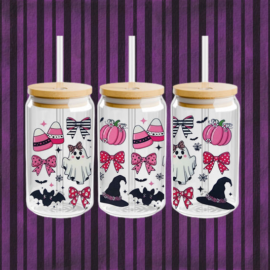 16oz Cute Ghost Glass Tumbler – Halloween Pink Pumpkin Cup with Lid and Straw – Kawaii Spooky Reusable Iced Coffee Drinkware Gift