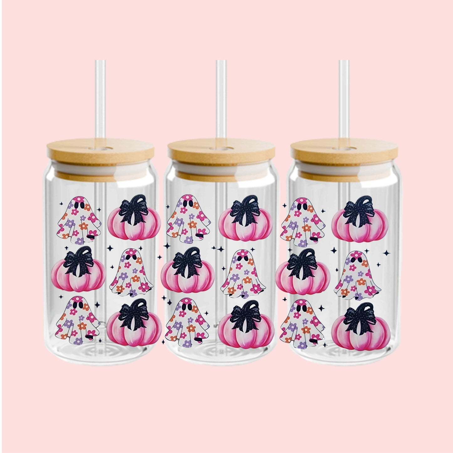 16oz Floral Ghost Glass or Acrylic Tumbler – Pink Pumpkin Halloween Cup with Lid and Straw – Spooky Cute Reusable Iced Coffee Drinkware Gift