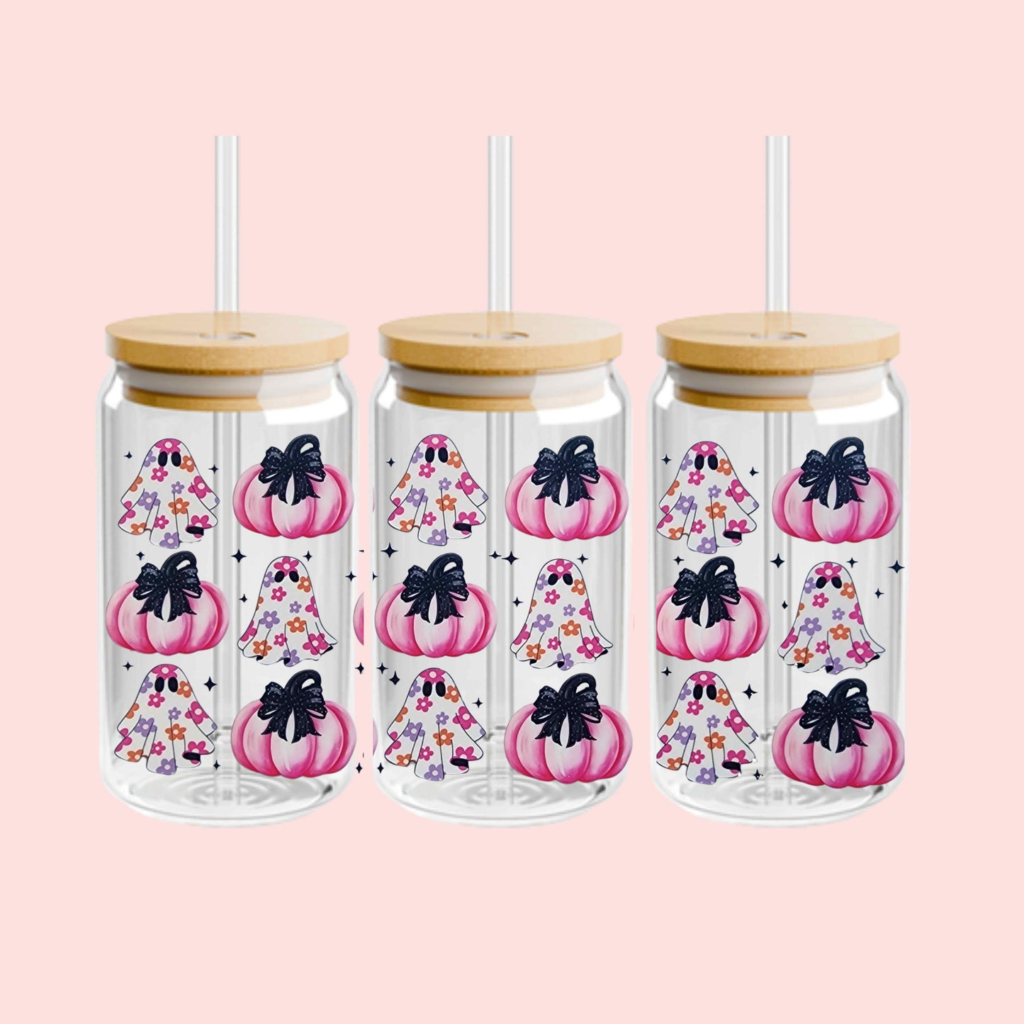 16oz Floral Ghost Glass or Acrylic Tumbler – Pink Pumpkin Halloween Cup with Lid and Straw – Spooky Cute Reusable Iced Coffee Drinkware Gift