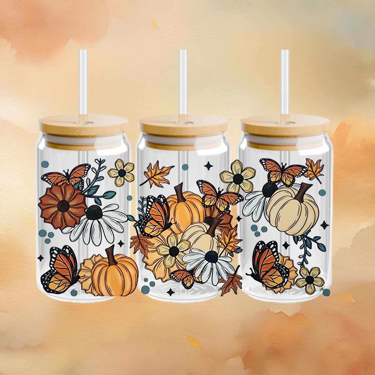 16oz Fall Glass or Acrylic Tumbler – Pumpkin and Butterfly Autumn Cup with Lid and Straw – Reusable Iced Coffee Cozy Thanksgiving Drinkware Gift