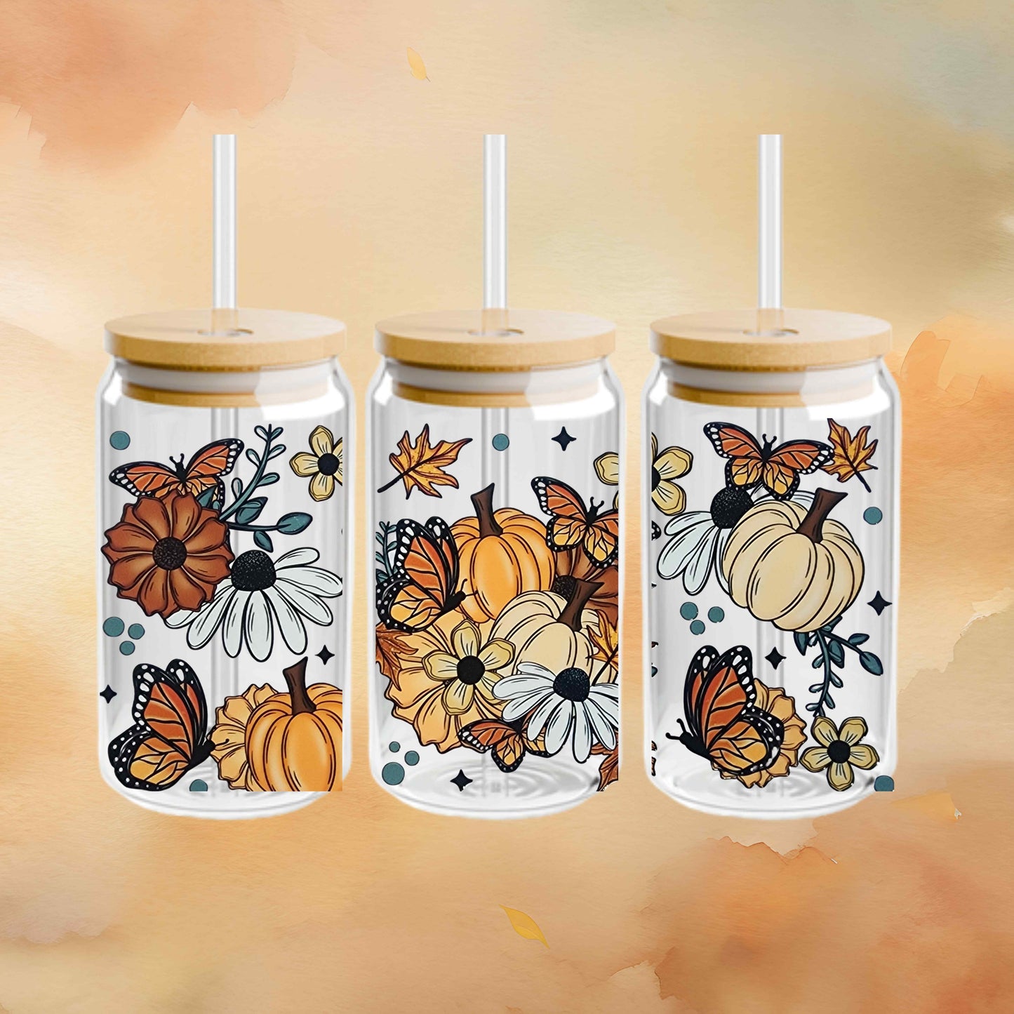 16oz Fall Glass or Acrylic Tumbler – Pumpkin and Butterfly Autumn Cup with Lid and Straw – Reusable Iced Coffee Cozy Thanksgiving Drinkware Gift