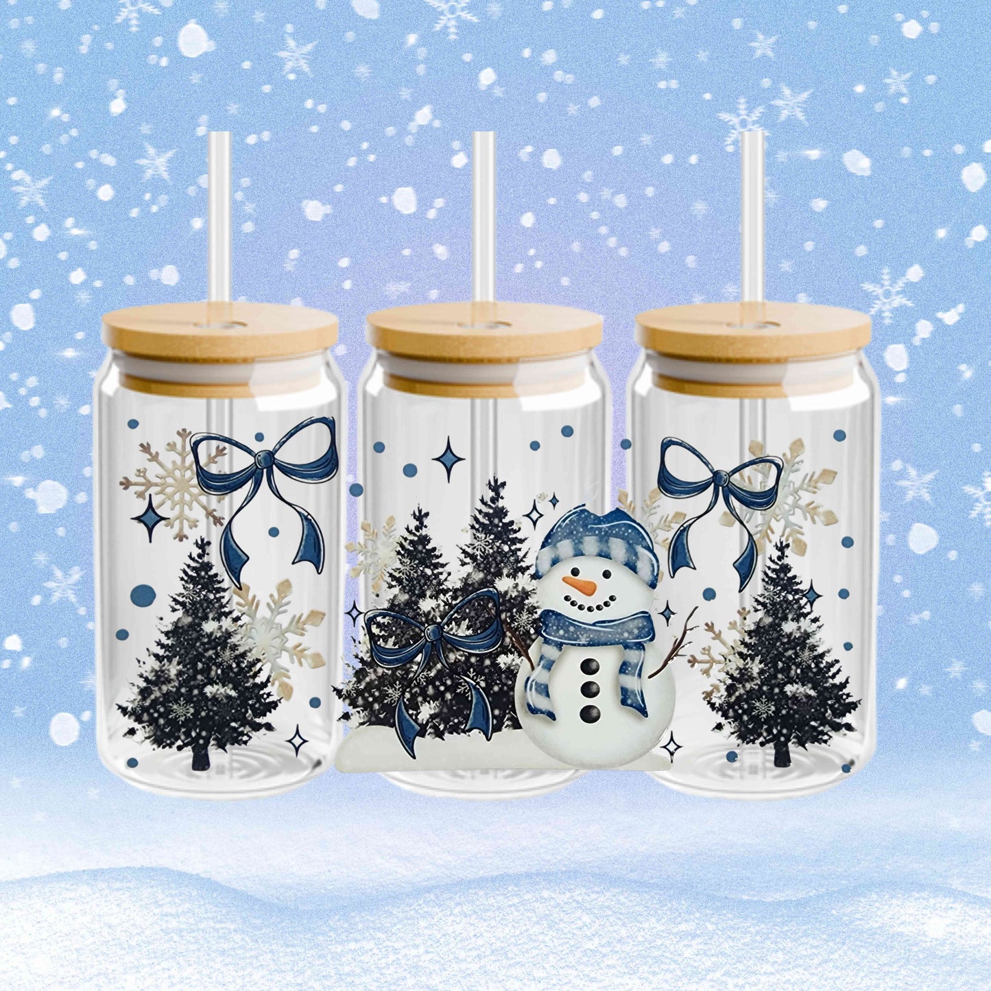 Blue Snowman Christmas cup, holiday glass cup, festive drinkware