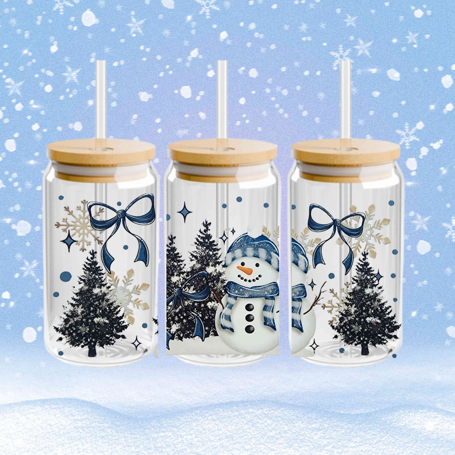 Blue Snowman Christmas cup, holiday glass cup, festive drinkware