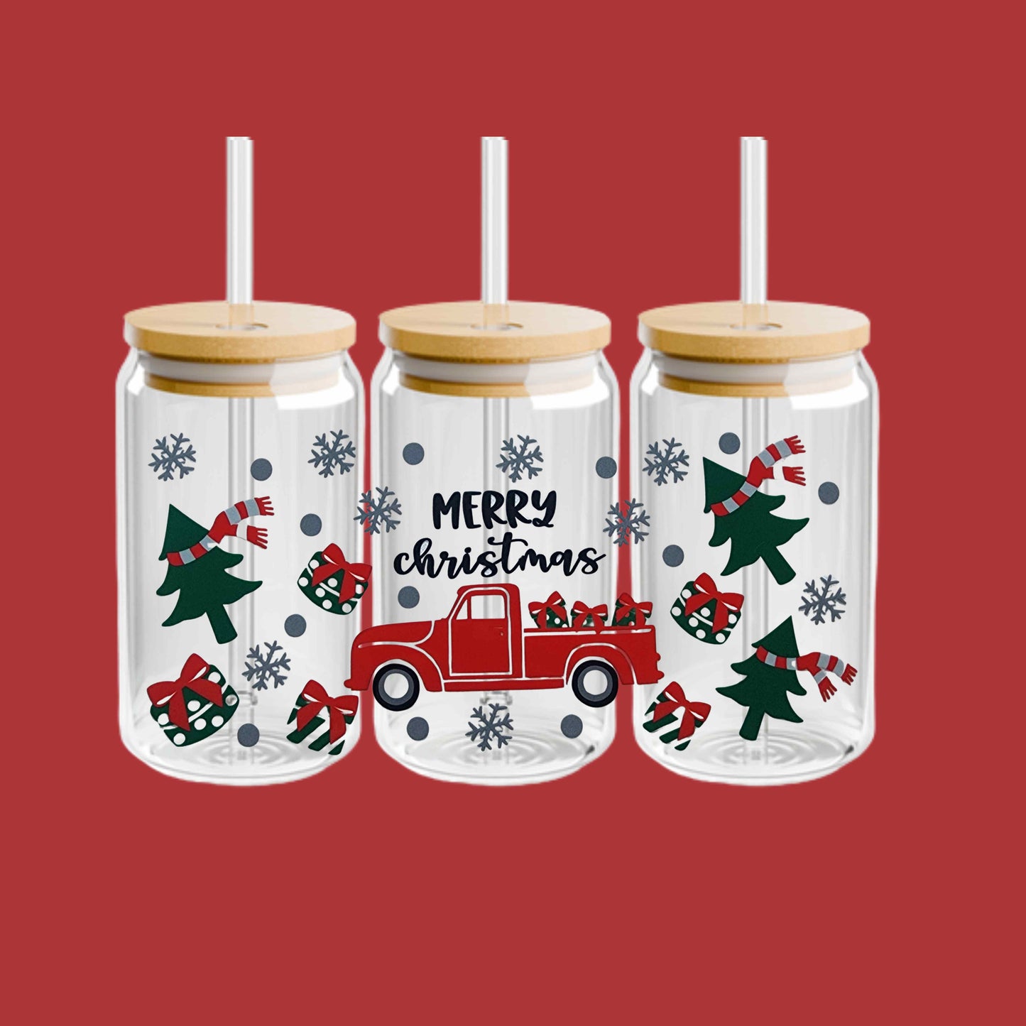 Merry Christmas Red Truck 16oz  Cup With Decorated Lid