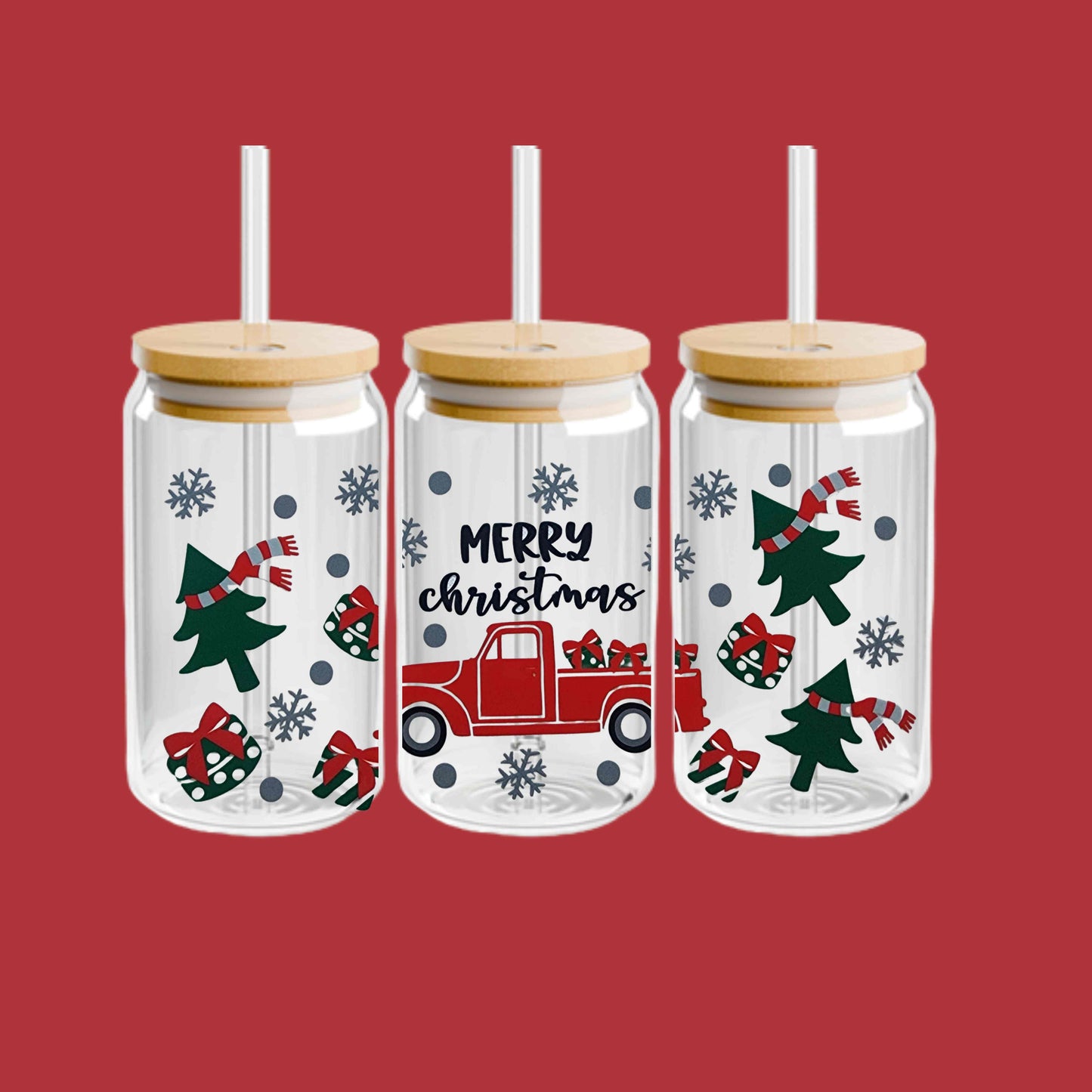 Merry Christmas Red Truck 16oz  Cup With Decorated Lid