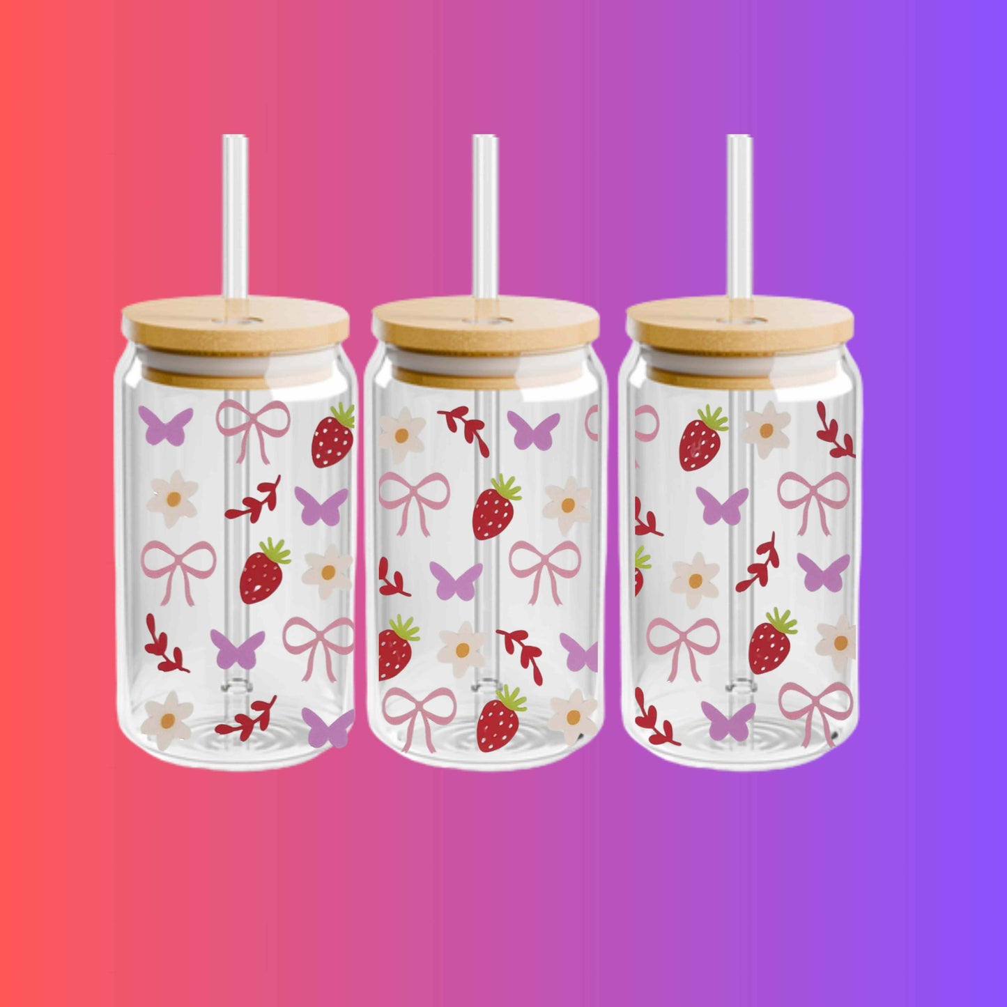 Pink Bow Coquette and Strawberries 16oz Libbey Cup