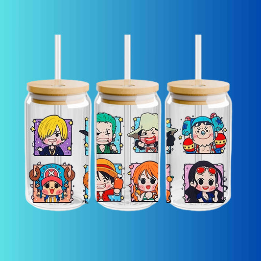 One Piece Anime Glass Tumbler – Japanese Manga Cup with Lid and Straw – Reusable Otaku Gift Drinkware for Anime Fans 16oz