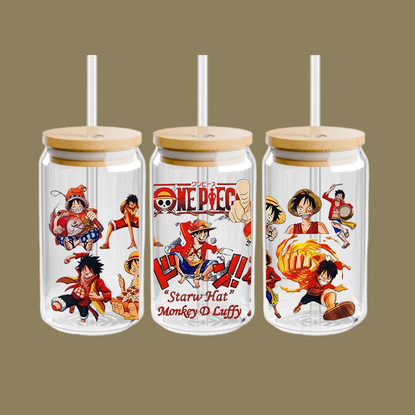 One Piece Anime Glass Tumbler – Japanese Manga Cup with Lid and Straw – Reusable Otaku Gift Drinkware for Anime Fans 16oz