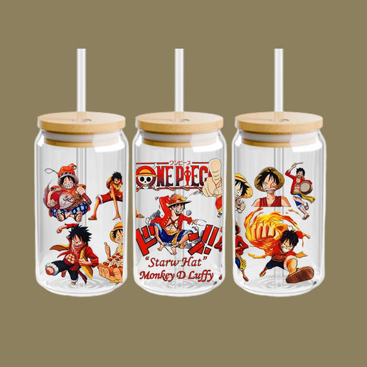 One Piece Anime Glass Tumbler – Japanese Manga Cup with Lid and Straw – Reusable Otaku Gift Drinkware for Anime Fans 16oz