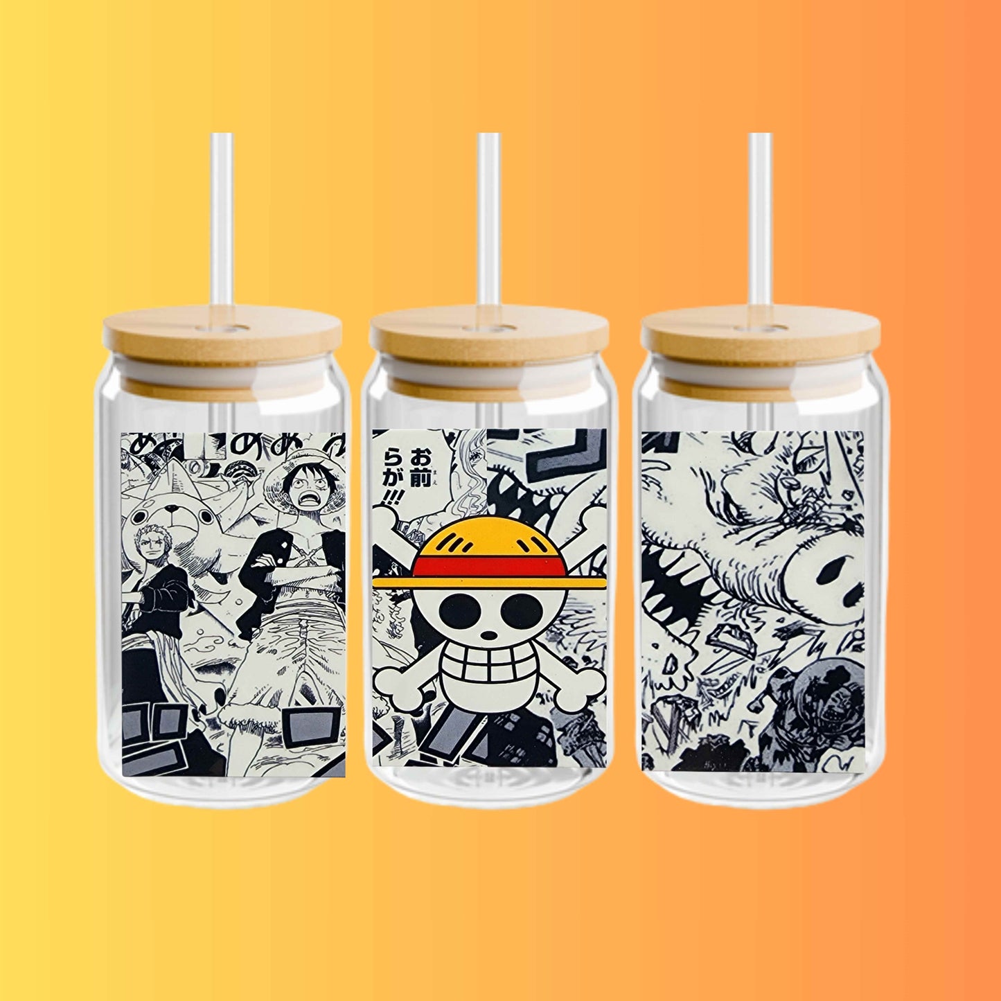 One Piece Anime Glass Tumbler – Japanese Manga Cup with Lid and Straw – Reusable Otaku Gift Drinkware for Anime Fans 16oz