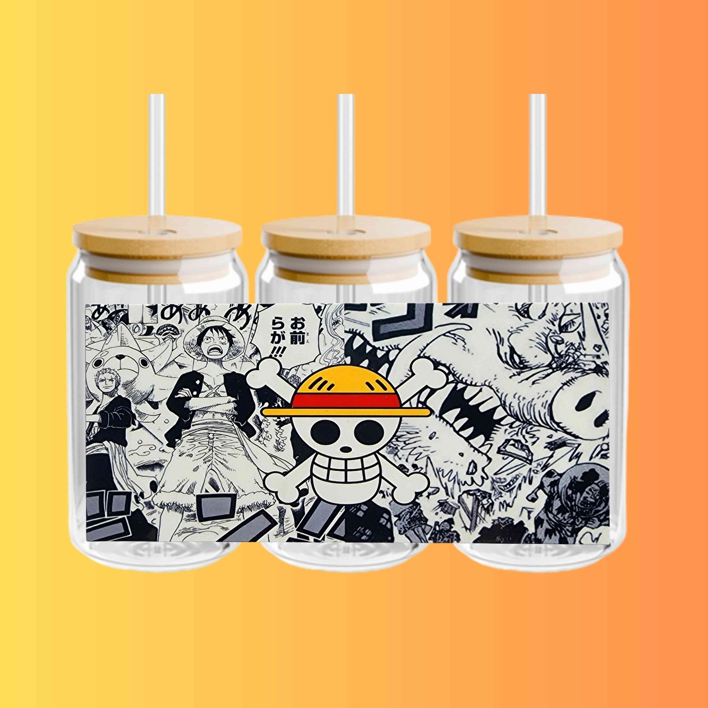 One Piece Anime Glass Tumbler – Japanese Manga Cup with Lid and Straw – Reusable Otaku Gift Drinkware for Anime Fans 16oz