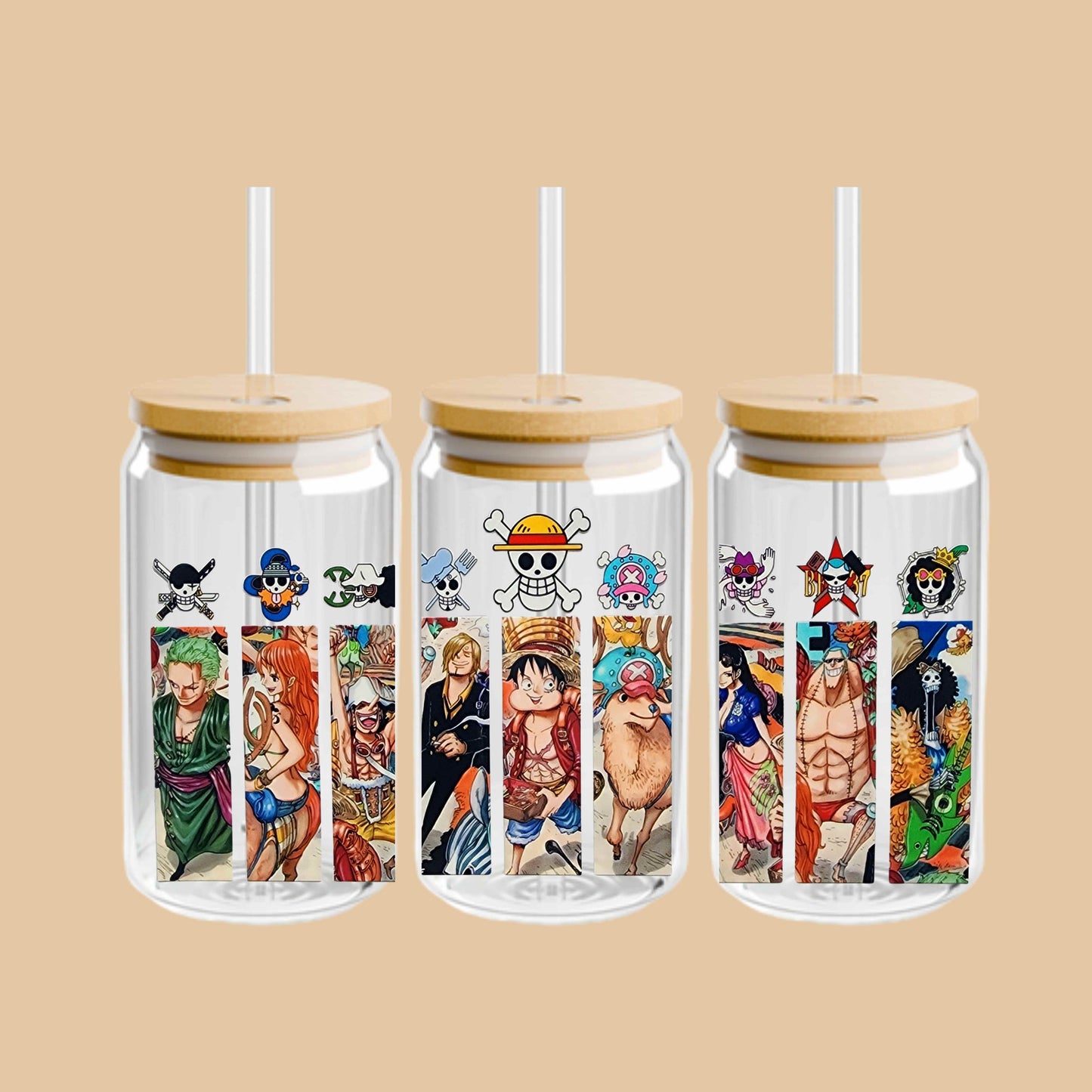 One Piece Anime Glass Tumbler – Japanese Manga Cup with Lid and Straw – Reusable Otaku Gift Drinkware for Anime Fans 16oz